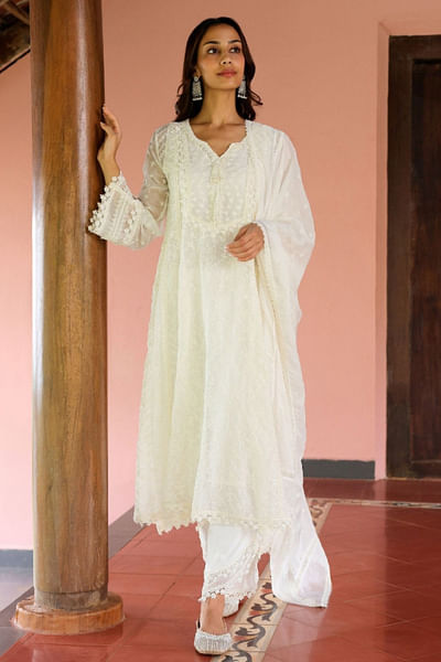 White floral embroidered anarkali kurta set