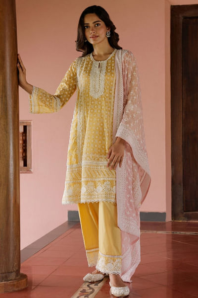 Yellow geometric embroidered kurta set