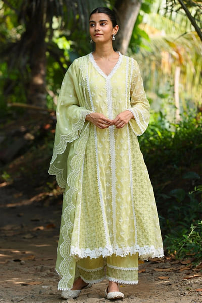 Lime scallop embroidered anarkali kurta set