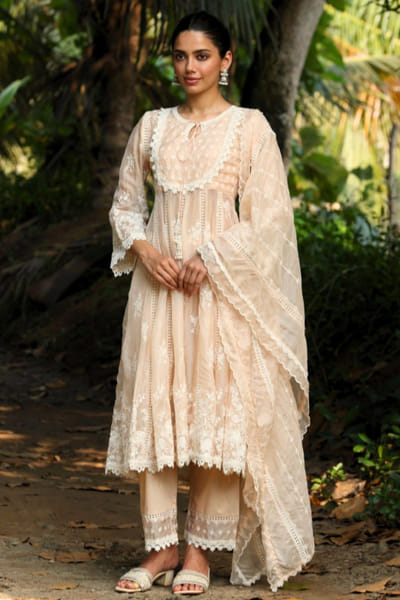 Beige floral embroidered anarkali kurta set