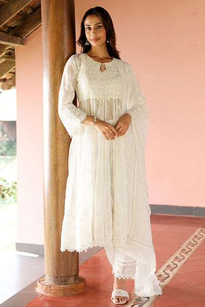White floral embroidery anarkali kurta set