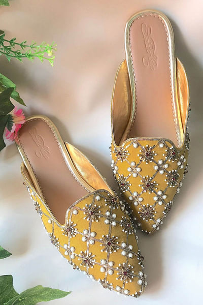 Mustard yellow embroidered loafers