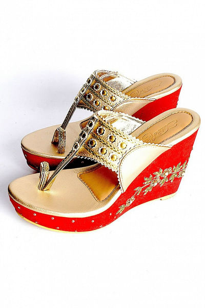 Red and gold embroidered wedges