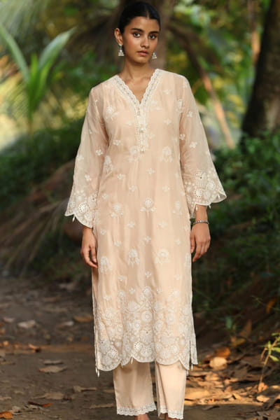 Beige floral embroidery kurta set