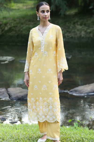 Yellow floral embroidery kurta set