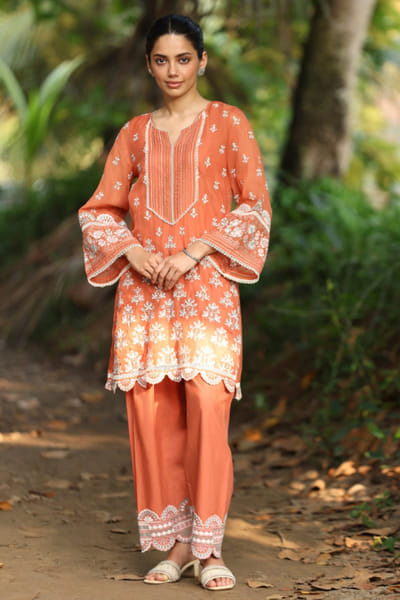 Terracotta floral embroidery kurta set