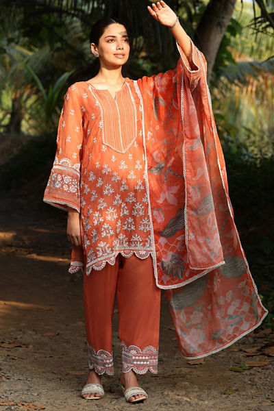 Terracotta floral embroidered kurta set