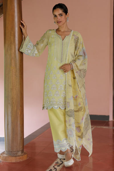 Lime floral embroidered kurta set