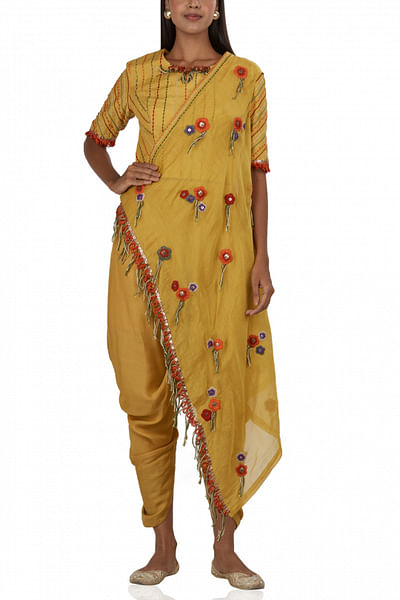 Yellow crop top with dhoti pants and dupatta