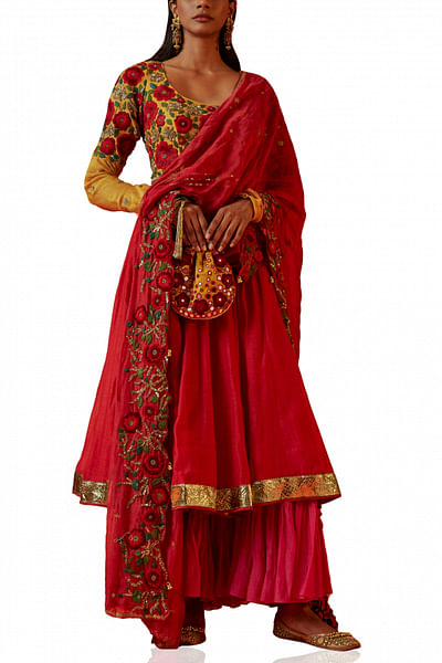 Yellow & red embroidered anarkali set