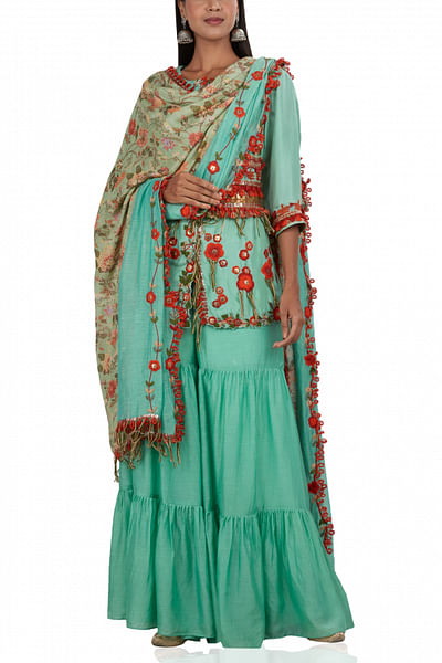 Mint green floral embroidered sharara