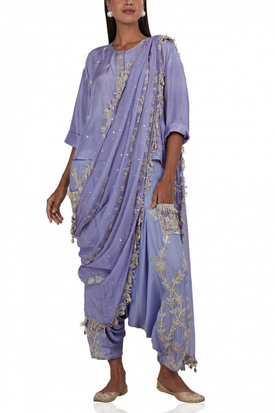 Lavender embellished kurta with drop-crotch pants