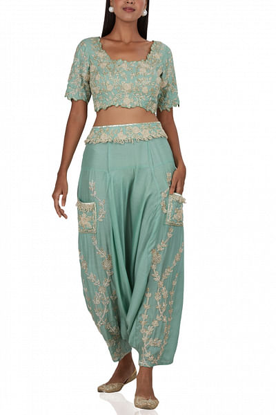 Green floral embroidered crop-top with drop-crotch pants