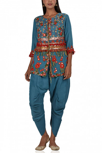 Blue jacket style kurta with dhoti pants