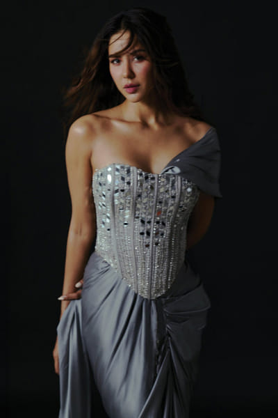 DiyaRajvvir Gunmetal embroidered pre-draped sari set DIYFEB26D139798
