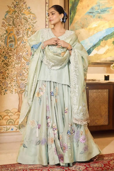 Anamika Khanna Green floral paint embroidered lehenga set ANAMJUL26D148807