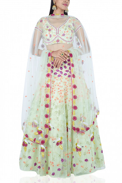 Ombre green lehenga set with floral embroidery