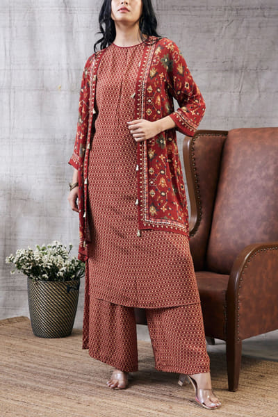 Soup by Sougat Paul Red artsy print jacket set SSPJULFT2301