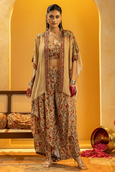 Beige embellished cape set