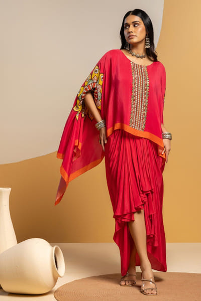 Pink embellished kimono draped skirt set