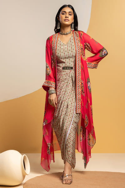 Multicoloured printed jacket drape dress set