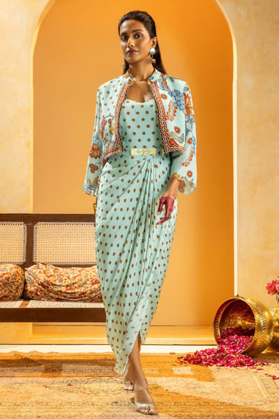 Blue printed jacket drape dress