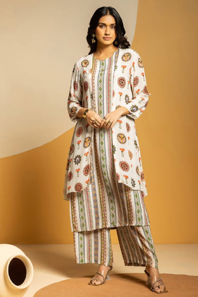 Off white printed jacket kurta set