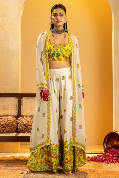 Off white embellished cape palazzo set