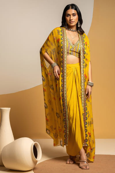 Yellow embellished cape drape skirt set