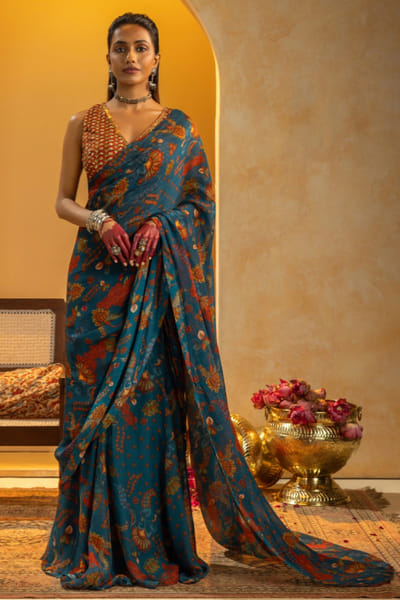Blue embellished pre draped sari set
