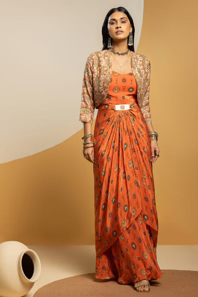 Rust and beige embellished jacket draped dress