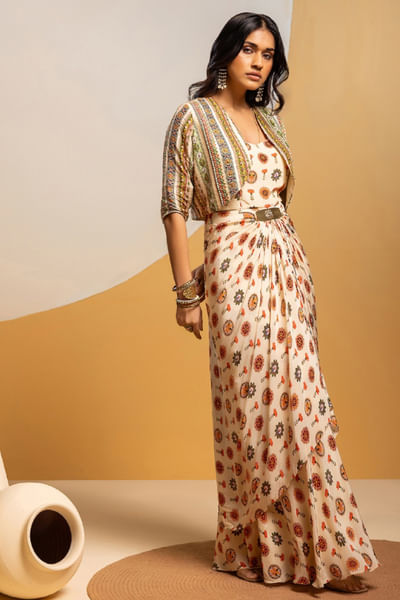 Off white embellished jacket draped dress