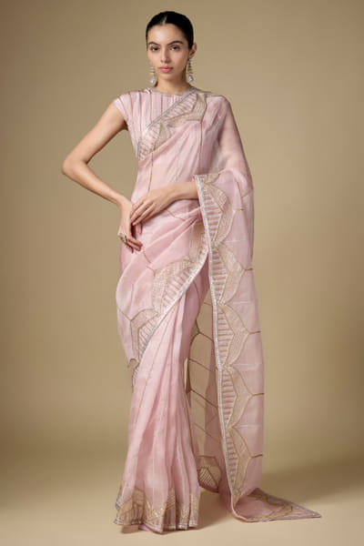 Rosequartz pink jaal embroidered sari set