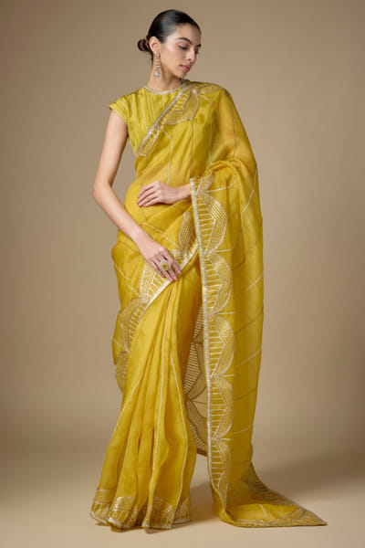 Citrine yellow zardozi embroidered sari set