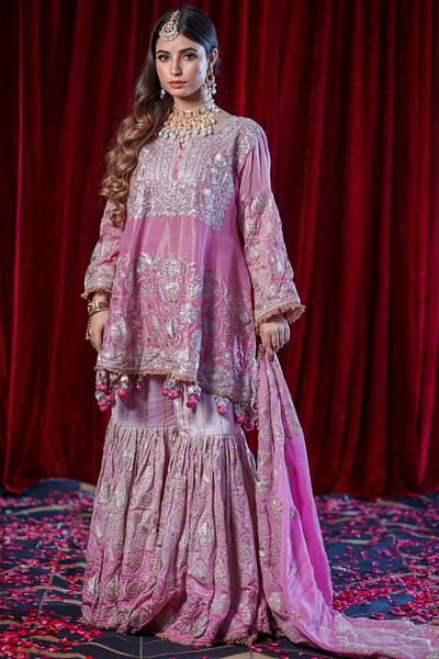 Pink ombré tilla embroidered gharara set