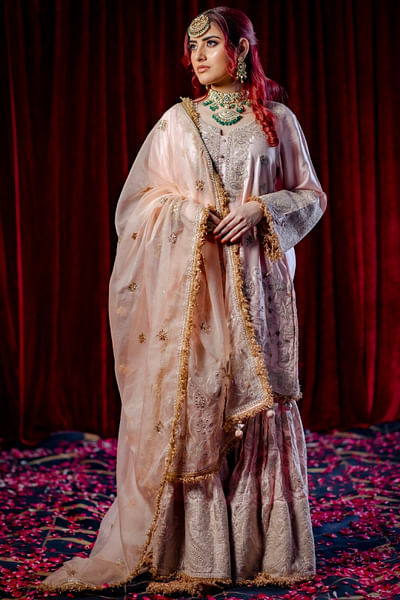 Salmon pink tilla embroidered gharara set