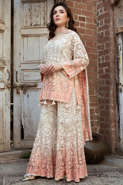 Off-white ombré aari embroidered sharara set