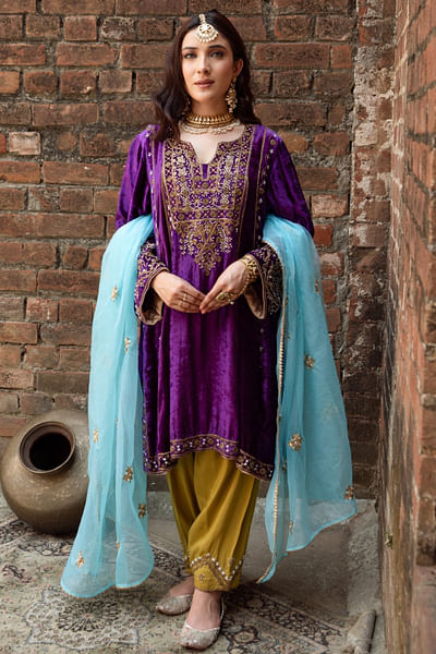 Royal purple zardozi embroidered kurta set