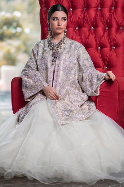 Silver hand embroidered jacket and skirt set