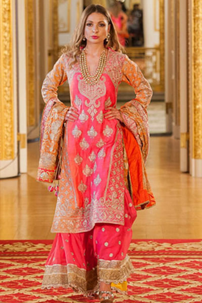 Royal pink embroidered silk gharara set