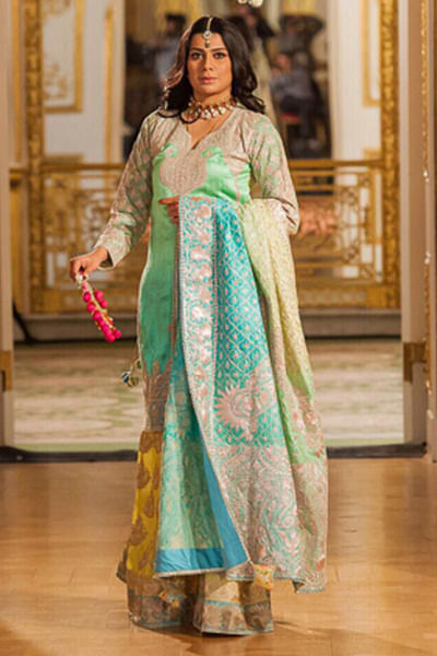 Tropical blue embroidered silk gharara set