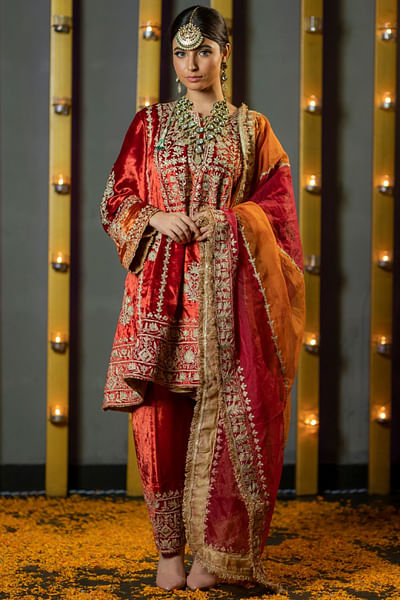Orange tilla embroidered anarkali set