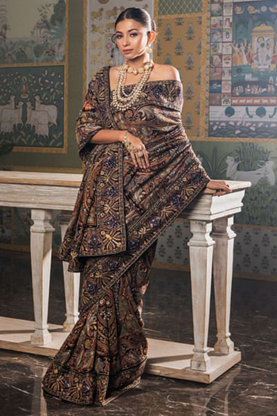 Vintage black resham embroidered sari
