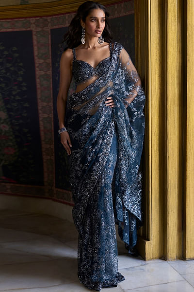 Teal floral sequin embroidered sari set