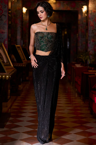 Black crystal corset pre-draped sari set