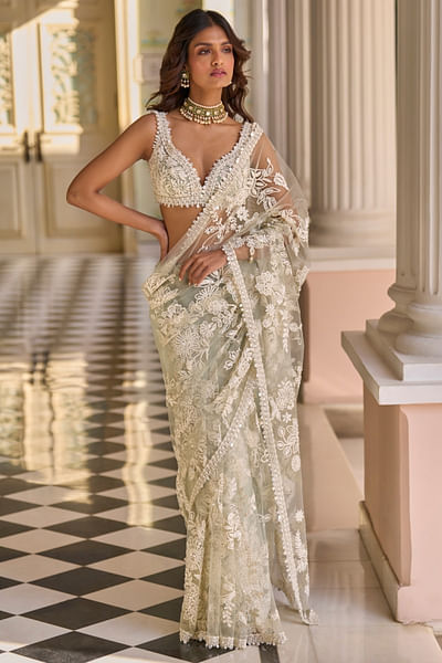 Mint green floral dori embroidered sari set