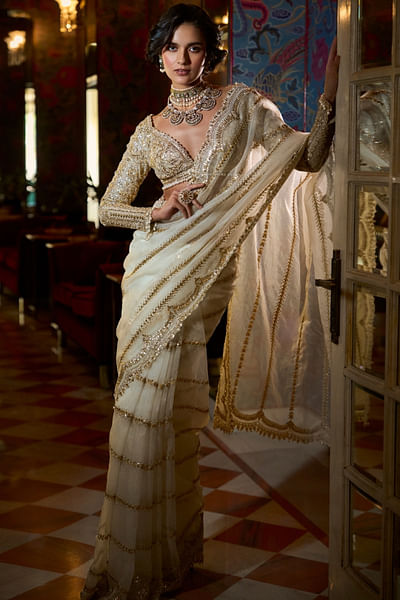 Ivory gota patti embroidered sari set