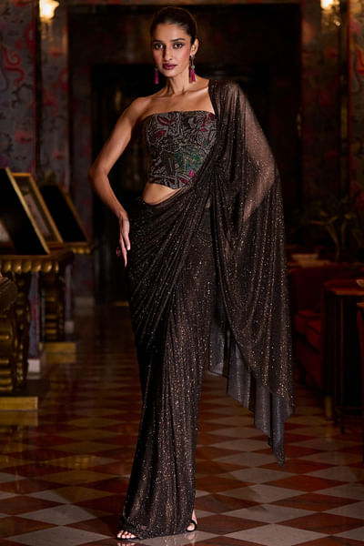 Coffee crystal corset pre-draped sari set