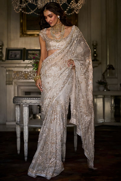 Ivory floral sequin embroidered sari set