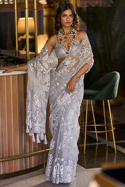 Silver floral embroidered sari set